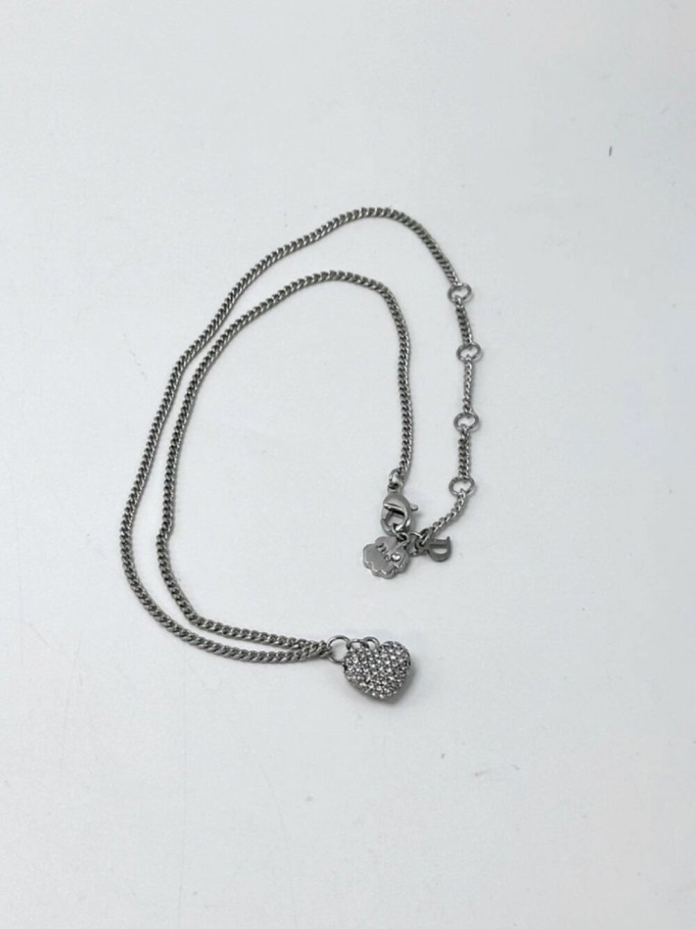 Christian Dior Vintage Crystal Heart Pendant Necklace Silver Pave Charms
